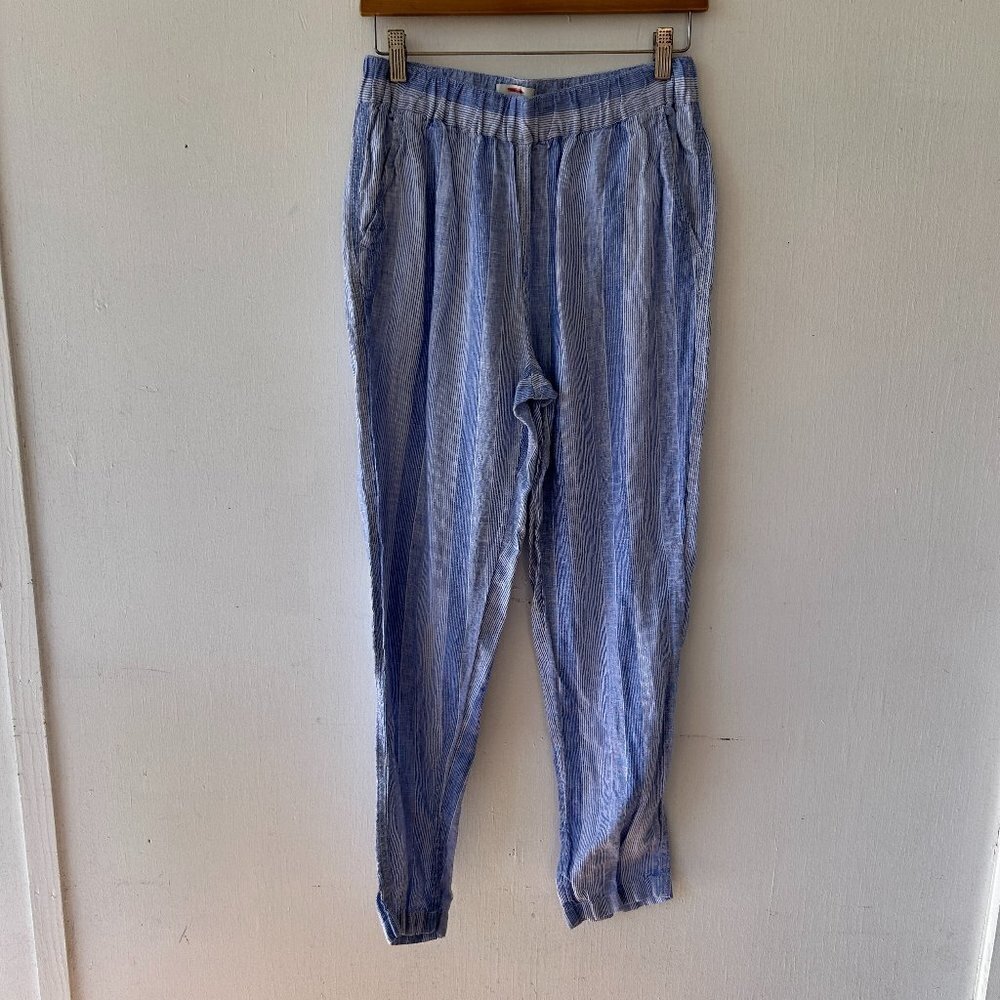 C&C California Linen Pants Womens Small Pockets Blue Striped Coastal Boho Beachy